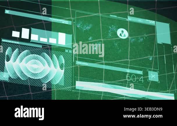 Animation of interface with data processing over close up of soccer ...