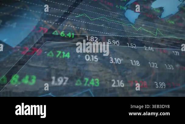 Animation of data processing over cityscape. Global business and ...