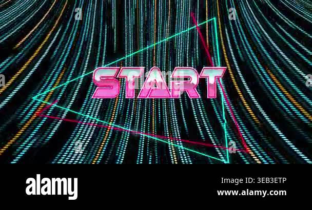 Animation of start text over spots. Retro future and digital interface ...
