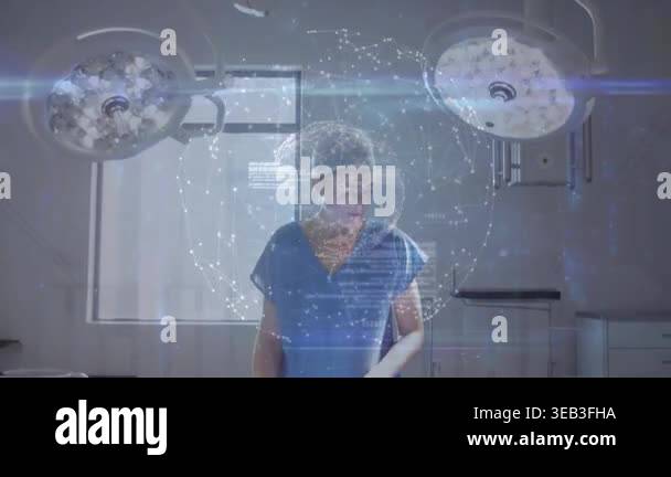 Animation of digital data interface over caucasian female doctor ...