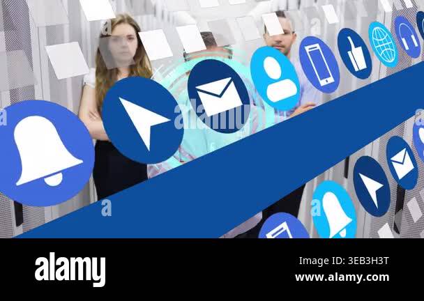 Animation of media icons and data processing over business colleagues ...