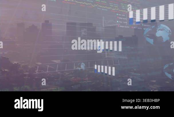 Animation of data processing over cityscape. Global business and ...