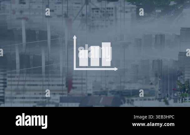 Animation of data processing over cityscape. Global business and ...