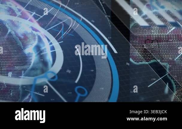 Animation of light trails over interface with data processing against ...