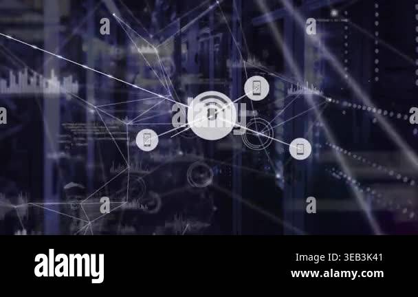 Animation of network of digital icons and data processing against ...
