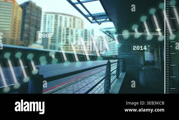 Animation of data processing over cityscape. Global business and ...