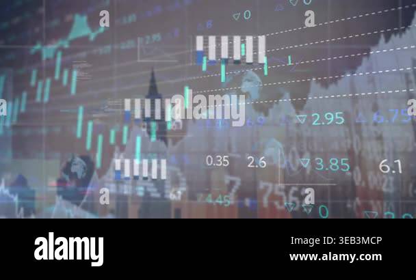 Animation of data processing over cityscape. Global business and ...