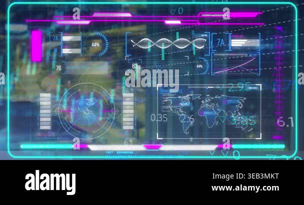 Animation of data processing over cityscape. Global business and ...