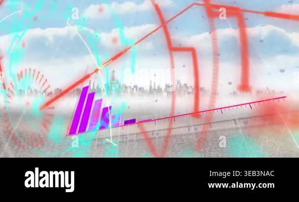 Animation of data processing over cityscape. Global business and ...