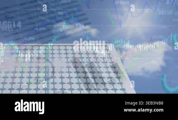 Animation of financial data processing over solar panel. Electricity ...