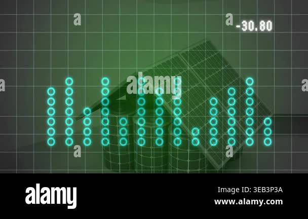 Animation of diagram and data processing over solar panels. Ecology ...
