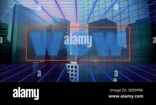 Animation of wow text over cityscape. social media and digital ...