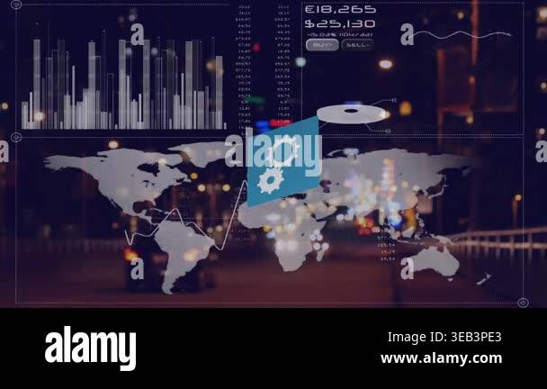 Animation of network of digital icons and interface with data ...