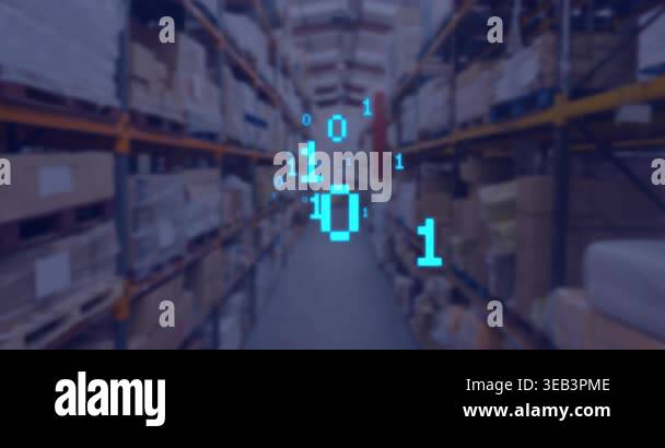 Animation of blue binary coding over warehouse. Global delivery and ...