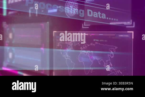 Animation of interface with data processing against purple background ...
