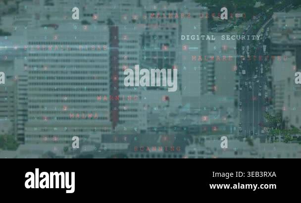 Animation of data processing over cityscape. global business and ...