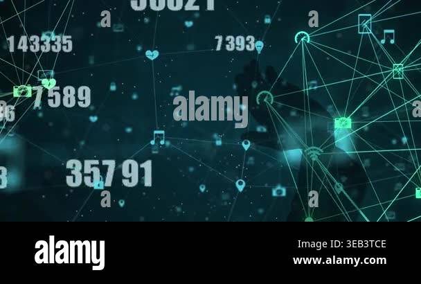 Animation of data processing over hand. global business and digital ...