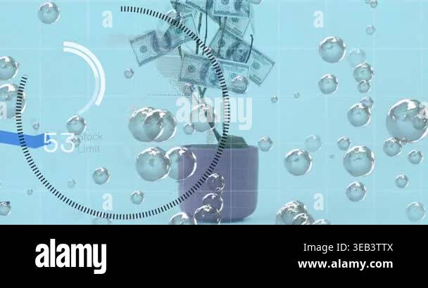 Animation of data processing over banknotes. Global business and ...