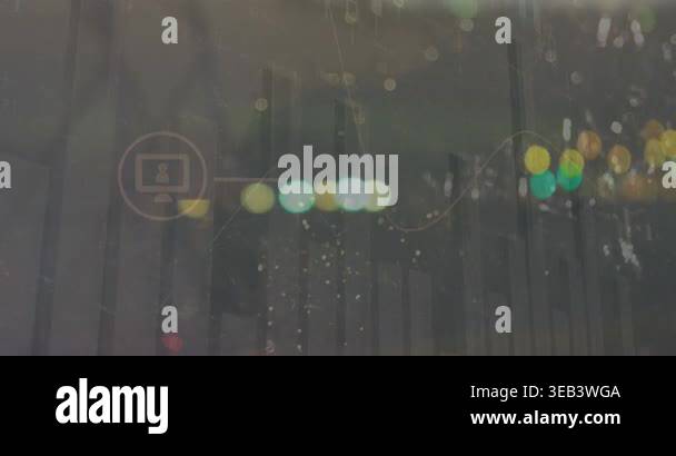 Animation of data processing over cityscape. global business and ...