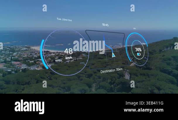 Animation of car interface over cityscape. global transport, technology ...