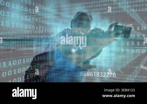 woman holding smartphone in high-tech virtual scene, streaming binary ...