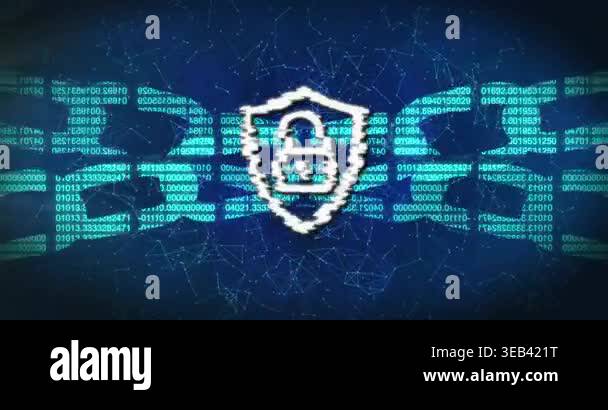 Animation of glowing blue clouds and digital icons padlock on black ...