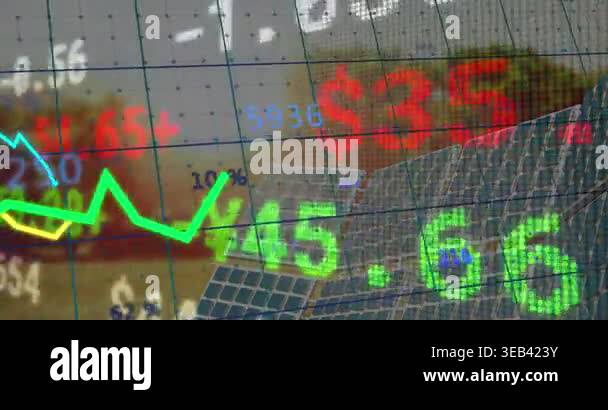 Animation of data processing over solar panels. Global business and ...