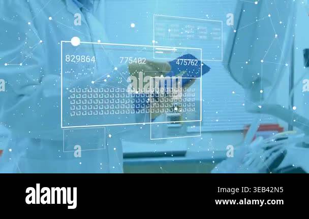 Lab technician holding binder and viewing floating digital panels while ...