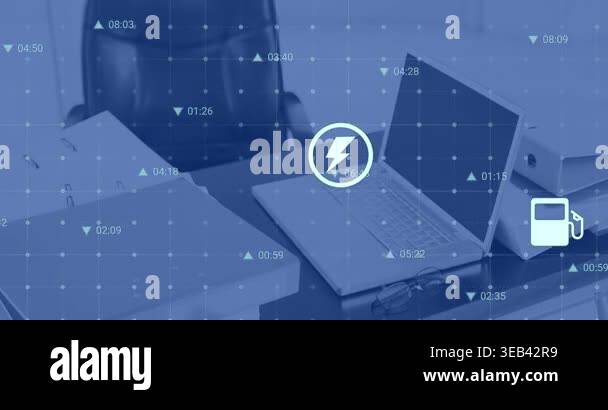 Animation of multiple digital icons and data processing against close ...