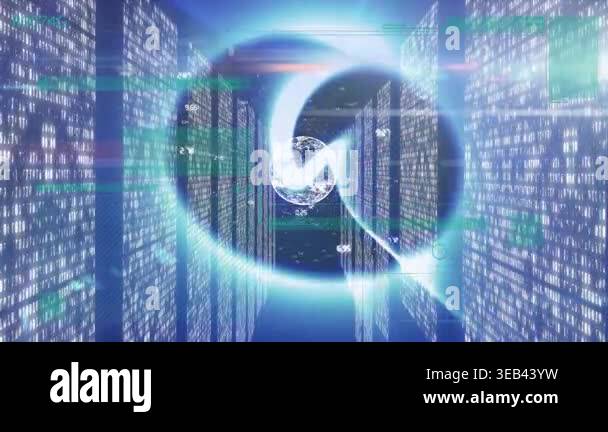 Animation of digital interface over server room. global connections ...