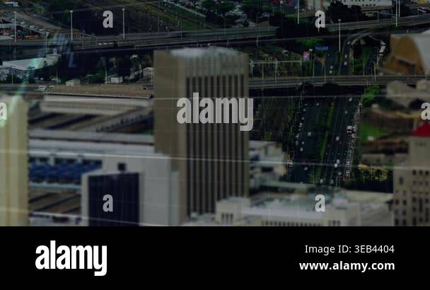 Animation of data processing over cityscape. global business and ...