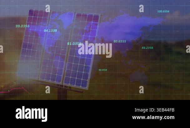 Animation of financial data processing over world map and solar panel ...