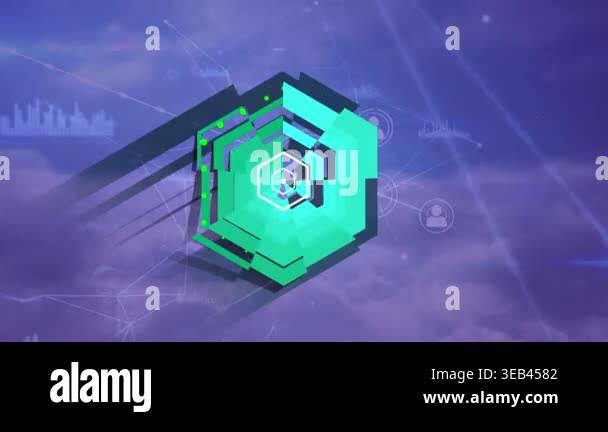 Animation of data processing over clouds and blue background. global ...