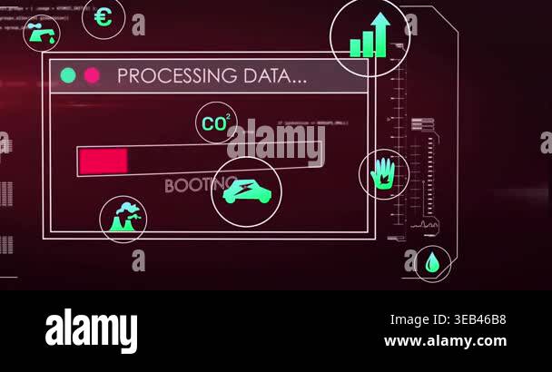 Animation of multiple digital icons over interface with data processing ...