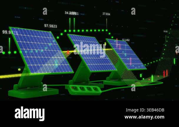 Animation of financial data processing over solar panels. Global solar ...