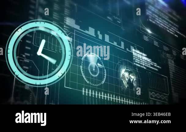 Animation of neon ticking clock over interface with data processing ...