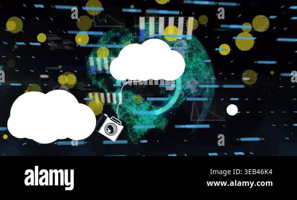 Animation of clouds with icons over data processing on black background ...