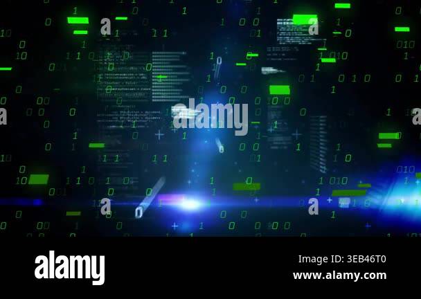 Center light initiating floating code panels and drifting green binary ...
