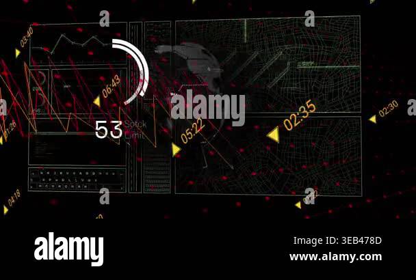 Animation of interface with data processing over spinning globe against ...
