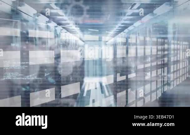 Animation of digital icons, data processing and light trails over empty ...