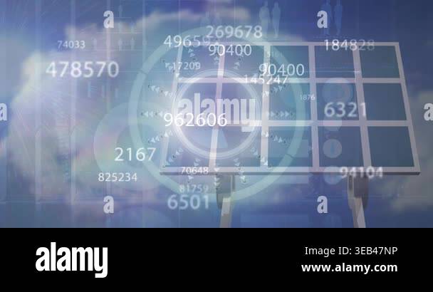 Animation of financial data processing over solar panel. electricity ...