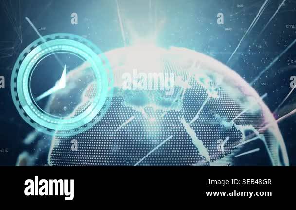 Animation of digital interface with clock over dark background. global ...