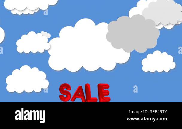 Animation of sale text and clouds over blue background. Social media ...