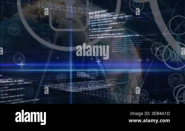 Network of digital icons and data processing over spinning globe and ...