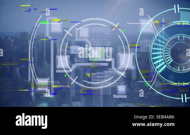 Animation of digital interface over cityscape. global connections ...