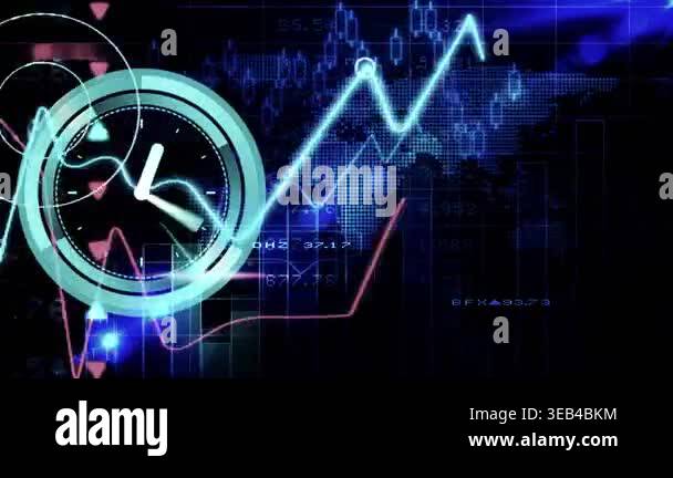 Animation of digital interface with clock over dark background. global ...