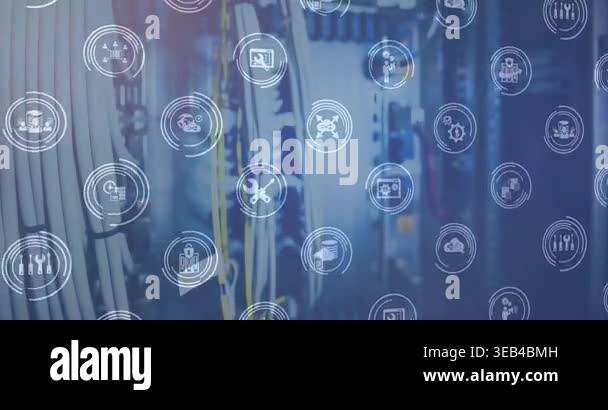 Animation of icons and light over computer wires on blue background ...