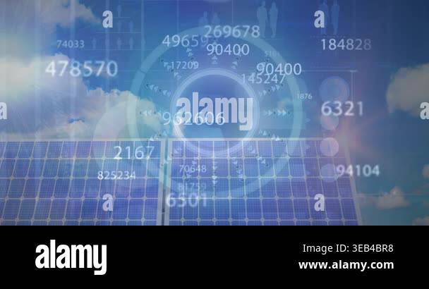 Animation of financial data processing over solar panel. electricity ...