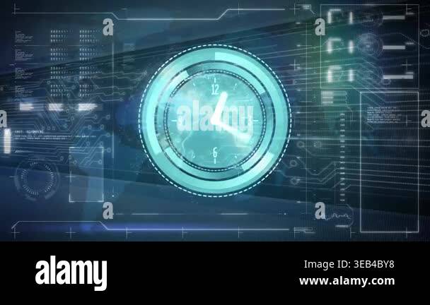 Animation of neon ticking clock over interface with data processing ...