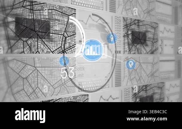 Animation of network of digital icons and spinning globe over interface ...
